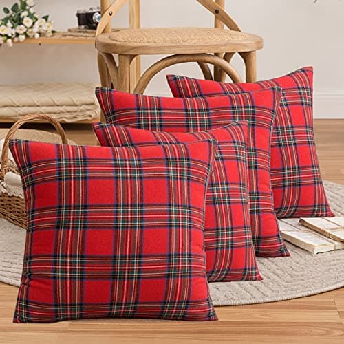 Image of Set of 4 Christmas Scottish Tartan Cushion Covers, RedTartan Check Cushions, Classic and Durable, Soft and Comfortable, Can Be Used in The Living Room Sofa (Large Tartan, 45 * 45cm)