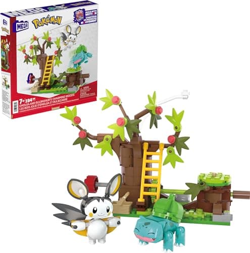 Image of MEGA Pokémon Building Toys Set Emolga and Bulbasaur's Charming Woods with 194 Pieces, 2 Poseable Characters and Motion, for Kids, HTH69
