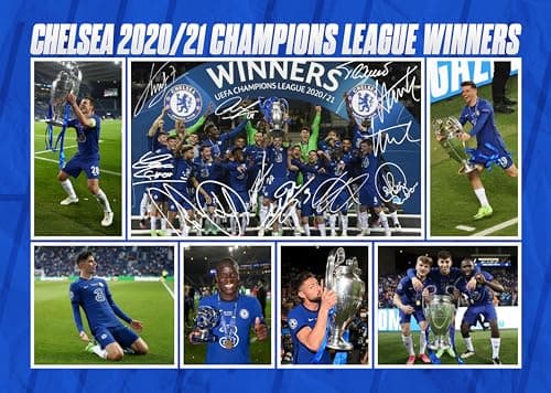 Image of RJR PRINTS Chelsea 2020/21 Champions League Winners Team Player Multi Signed A4 Montage Photo Print Pre Printed Signature Autograph Football Gift