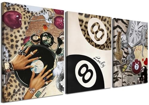 Image of YFvrPt Trendy Leopard Wall Art Set of 3, Cheetah Wall Decor Aesthetic, Black Girl 8 Ball Poster Canvas Print Pictures Funky Lucky Artwork for Bedroom Living Room Framed 12x16 inch