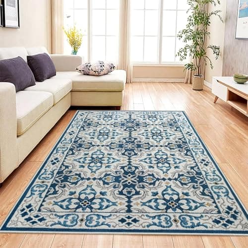 Image of Aspire Homeware Rugs living room Bedside Rug 80 x 150 cm – Non-Shedding Floor Playing Mats for bedroom Lounge – Super Soft Traditional Pattern Printed Light Blue Rugs (Luna)