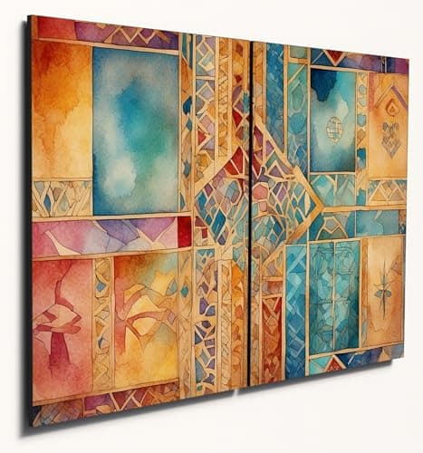 Image of The Plum Penguin Moroccan-Inspired Abstract Watercolour Geometric Wood Wall Art 2x A4 MDF Panels Canvas Alternative 40 x 30cm