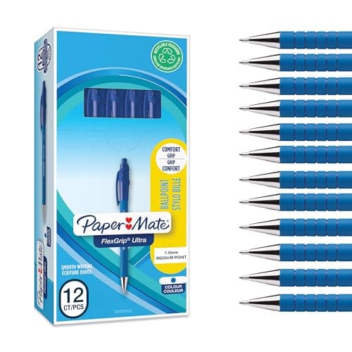 Image of Paper Mate Flexgrip Ultra Retractable Ballpoint Pens | Medium Point (1.0mm) | Handwriting Pens & Stationery Supplies | Blue Pen Set | 12 Count