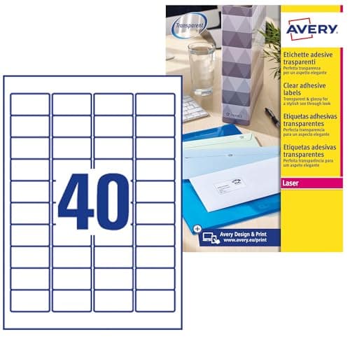 Image of Avery L7781-25 Self-Adhesive Crystal Clear Transparent Labels, 40 Labels Per A4 Sheet
