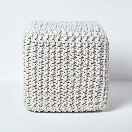 Image of HOMESCAPES Natural Knitted Cube Footstool Bean Filled 100% Cotton for Living Room Children or the Elderly