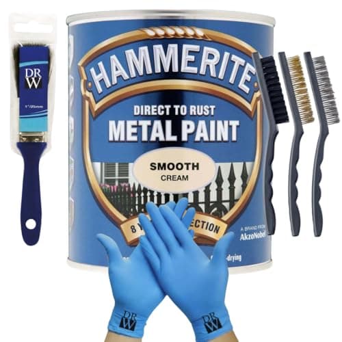 Image of DRW Hammerite Direct to Rust Metal Paint Smooth Cream 250ml 1" Paint Brush, 3 Wire Brush Set & Free Nitrile Gloves | Durable Rust Protection for Indoor & Outdoor Metal