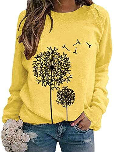 Image of Dresswel Women Dandelion Print Sweatshirt Crew Neck Long Sleeve Tops Basic Jumper Tunic Blouse Shirts(Yellow, M)