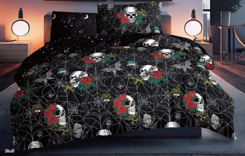 Image of Charlotte Andersen Halloween Gothic Bedding King Duvet Cover Set – Black Skulls and Roses Reversible Soft Bedding – Dark Aesthetic Bedroom Décor (King (U.K. Standard))