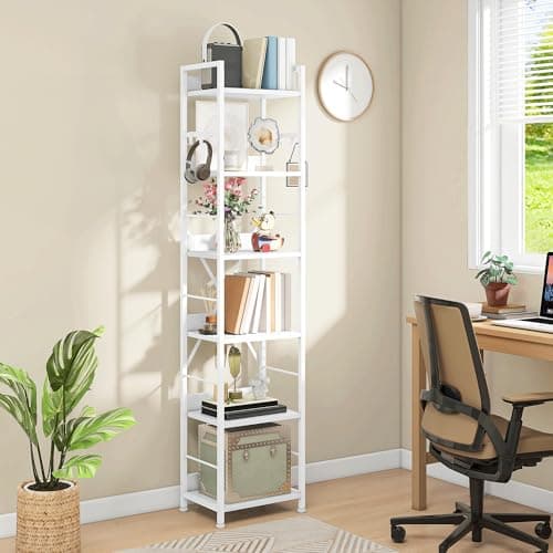 Image of DWVO Book Shelf 6 Tiers, Tall Bookcase with Steel Frame Industrial Bookshelf with 4 Hooks Floorstanding Shelving Unit Narrow Display Rack Storage Organizer for Living Room Bedroom, White