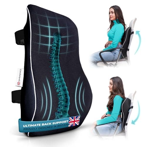 Image of Comfortpad UK Lumbar Support Cushion | Memory foam pillow for Office Chairs, Cars, Home | For back pain relief Double Adjustable Straps in Black