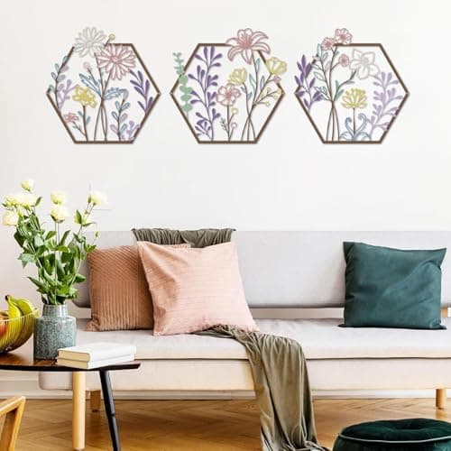 Image of ESTART 3 Pcs Metal Flower Wall Decor, Minimalist Floral Wall Hanging Art, Abstract Line Floral Wall Art Sculpture for Bedroom Bathroom Living Room Kitchen Dining Room (Colorful)