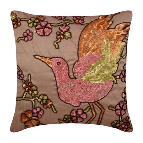 Image of The HomeCentric Colorful Bird Pink Euro Sham 65x65 cm (26x26 inch), Square Silk Pillowcase, Floral Art Deco Euro Pillow Sham for Living Room Sofa Bedroom with Invisible Zipper - Colorful Birdy