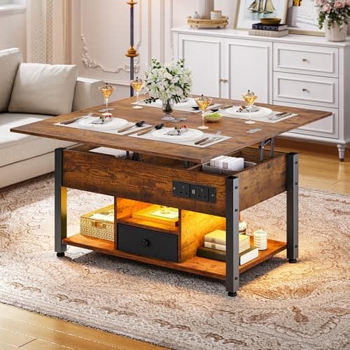 Image of YITAHOME Folding Lift Top Coffee Table with Drawer, 4-in-1 Convertible Table with Storage Space and Type-G Outlets, Multi-Color LED Lighting with Music Mode for Living Room, Dining Room, Rustic Brown
