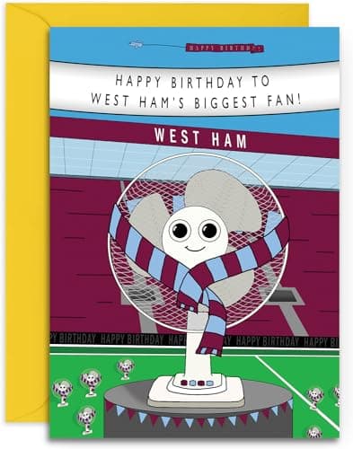 Image of Football Fan Birthday Card - West Ham Fan - A5 Sized Card (148mm x 210mm) with Yellow Envelope. Designed and Printed in the UK