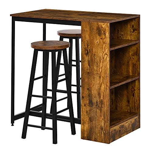 Image of HOMCOM 3 Piece Industrial Style Bar Table Set, Pub Dining Table Set Bar Height Table and 2 Stools with Storage Shelf for Kitchen, Living Room, Rustic Brown