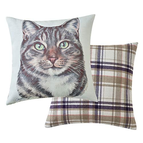 Image of Maturi Filled Seat Cushion with Tabby Cat Watercolour Image, Chair Sofa Pillow - 43 x 43cm / 17 x 17-inch