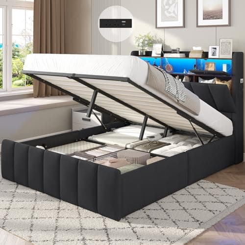 Image of DICTAC 4ft6 Double Ottoman Bed with LED, USB Charging Station & Wooden Slats – 135x190 cm Hydraulic Lift Up Storage Bed Frame with Storage Headboard – Upholstered Double Storage Bed for Small Rooms