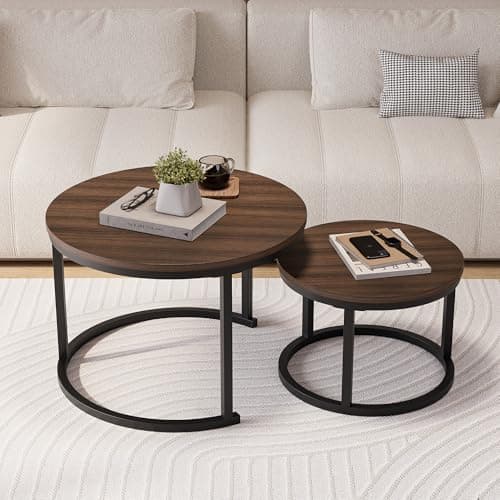 Image of HOJINLINERO Round Nesting Coffee Table Set of 2,Stacking Sofa Side Table End Table, for Living Room, Bedroom, Office, Balcony, Apartment (Walnut)