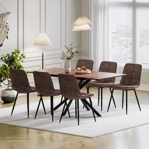 Image of Luxstein Extendable Dining Table and Chairs Set 6, 120-160cm Wood Grain Table with 6 Brown Upholstered PU Leather Chairs for Dining Room, Kitchen