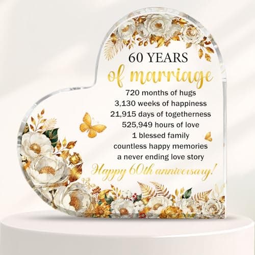 Image of 60th Wedding Anniversary Plaque Gifts Diamond Anniversary Present 10cm x10cm 60th Acrylic Heart Keepsake for Wife Husband Parents