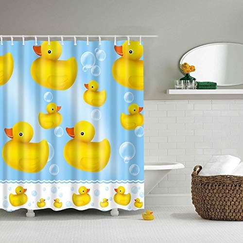 Image of BOYOUTH Little Yellow Duck and Bubble Pattern Digital Print Blue Shower Curtains for Bathroom Decor,Polyester Waterproof Fabric Bath Curtain with 12 Hooks,70x70 Inches,Multicolor