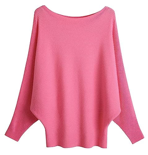 Image of FULIER Boat Neck Batwing Sleeves Dolman Knitted Sweaters and Pullovers Tops for Women One Size (Rose)