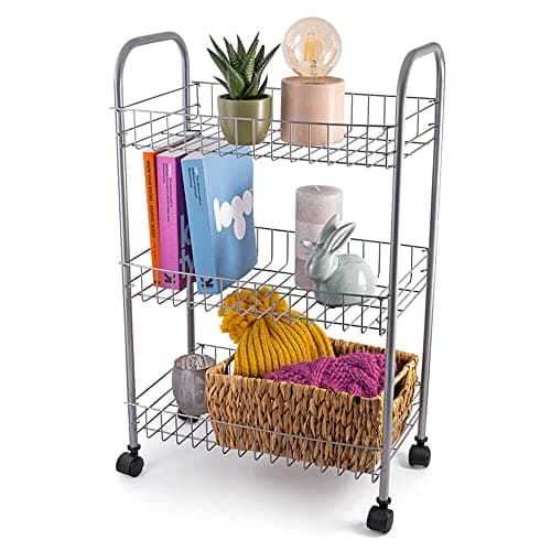 Image of Vivo Technologies 3 Tier Fruit Vegetable Trolley Basket Rack Kitchen Storage with Wheels, Storage Rack with Organizer Baskets for Fruits, Vegetables, books, tools Storage, Silver