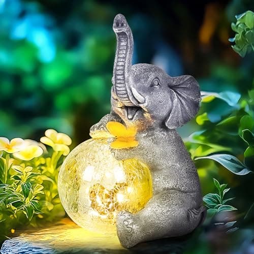 Image of GIGALUMI Solar Garden Statues glass globe Elephant Figurine Lights for Outdoor, Yard, Garden Decor Unique Gifts for Mom, for Women, Elephant Decoration for Patio