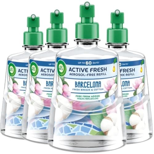 Image of Air Wick Active Fresh Aerosol-Free Automatic Air Freshener Refills Barcelona Fresh Breeze & Cotton Scent Home & Office Odour Eliminator Fragrance 204ml Pack of 4