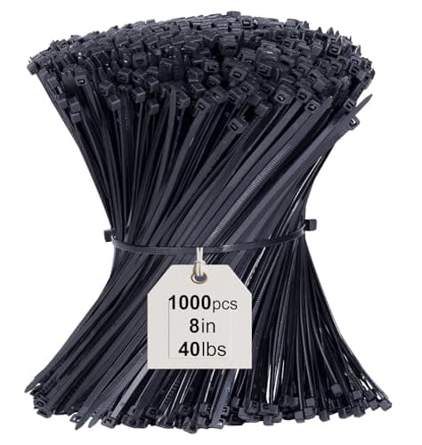 Image of Cable Ties 1000 Pack, 3.6 x 200mm Black Zip Ties 8 inch, 40lbs Tensile Strength with UV Resistant, Tie Wraps Nylon Plastic Ties Self Locking Large Heavy Duty Cable Wrap for Tidy Wires Workshop Garden