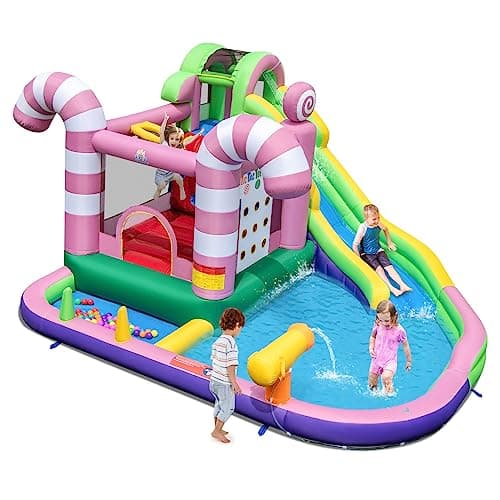 Image of COSTWAY Kids Inflatable Water Park with Slide, Climbing Wall, Water Cannon, Splashing Pool, Blow up Bouncy Castle House for Summer Outdoor Play (with 50 Ocean Balls)