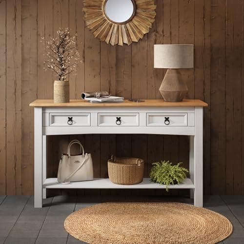 Image of Corona Console Table White Painted Wax 3 Drawer Solid Wood Pine Wooden Hall Table Display Dresser Sideboard Side Unit Hallway Living Room Kitchen Shabby Chic Mexican 73cm High 122cm Wide 32cm Deep