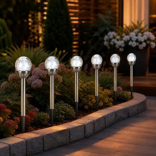 Image of Fabulouz Solar Garden Lights Outdoor, 6 Pack Crackle Glass Ball Stake Lights, 8cm White LED Solar Pathway Lights with Stainless Steel Stakes, Auto On/Off Decorative Patio Border Lights