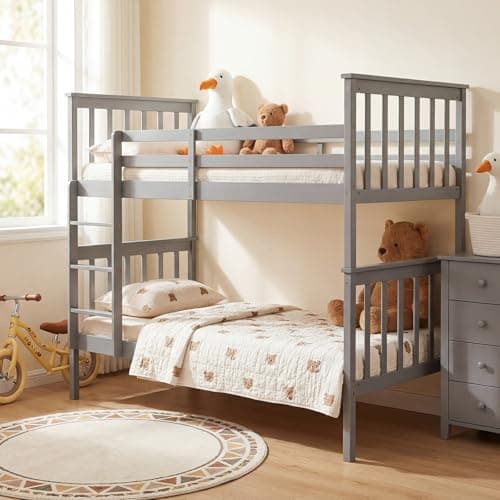 Image of Panana Single Wooden Bunk Bed Frame, 3FT Twin Sleeper Solid Pine Platform Bed (Grey, Single Bunk-Can Spli into 2 Bed)