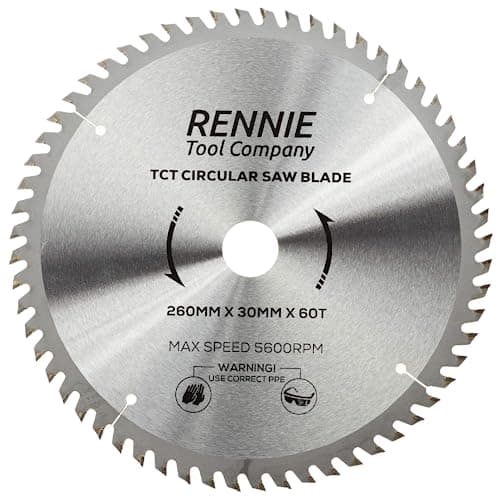 Image of Rennie Tools - 260mm x 30mm x 60T TCT Circular Wood Saw Blade Includes 25mm 20mm & 16mm Bore Reduction Rings. Compatible with Festool Bosch Makita Dewalt Circular Saw Etc.