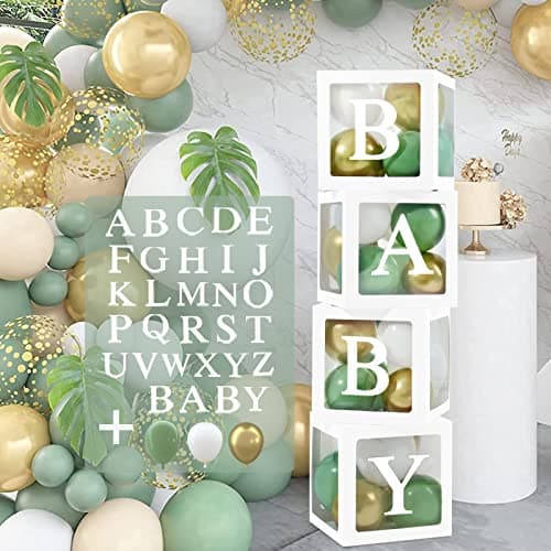 Image of Baby Shower Decorations for Boys Girl, Sage Green Baby Shower Balloon Boxes with 27 Letters(BABY+A-Z), 30 Green White and Gold Balloons, Baby Boxes for Jungle Safari Animal Theme Birthday Party, Prom