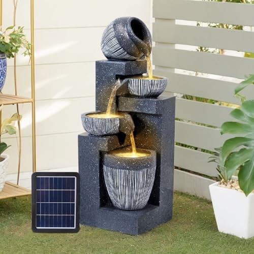 Image of Warmiehomy Solar Water Fountain, 4 Tier Cascading Solar Water Feature, Waterfall with Solar Powered Pump and LED Lights for Outdoor, Garden Fountains and Water Features, Height 51CM, Grey