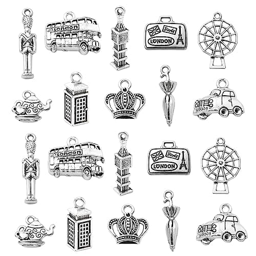 Image of DanLingJewelry 100Pcs 10 Styles London Theme Charms Antique Silver Big Ben Windmill Bus Car Charm Tibetan Travel Charms for Jewelry Making