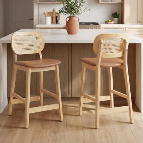 Image of chairus Wooden Bar Stoold Set of 2 PU Leather Upholstered Kitchen Counter Chairs with Rattan Backrest, Retro Breakfast Bar Stools for Kitchen Island/Pub, Brown 2pcs