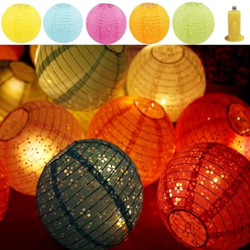 Image of Qlisytpps Paper Lanterns with LED Lights 10 Colours Chinese Japanese Lantern Oriental Style Traditional Asian Bedroom Paper Lamp for Home Wedding Party Decoration 8 Inch (5pcs) Free 2 Spare Lights