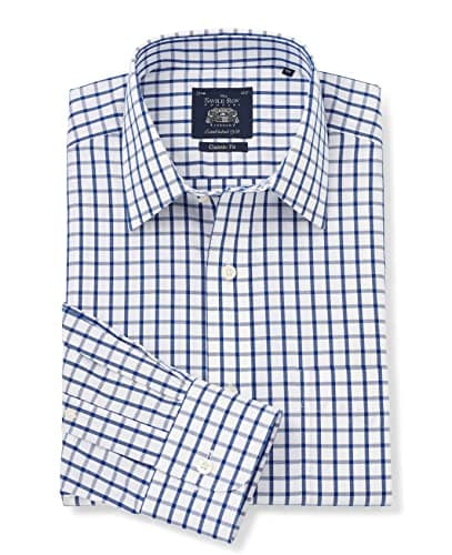 Image of THE SAVILE ROW COMPANY LONDON Men's Classic Fit Pinpoint Non-Iron Formal Shirt - Single Cuff - White Blue Check - 16.5" Collar - Standard Sleeve