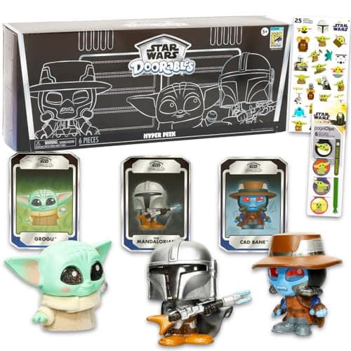 Image of Star Wars Doorables Hyper Peek Set - Bundle with 2024 SDCC Exclusive 3 Doorables Mandalorian Mini Figures with Trading Cards Plus Stickers, More | Star Wars Mini Figures Comic Con Collectible Set