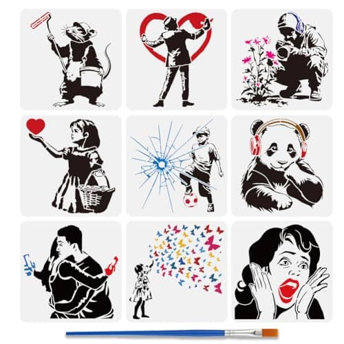 Image of FINGERINSPIRE 9Pcs Banksy Painting Stencil with Brush 30x30cm Painting Rat Graffiti Man Soccer Boy Deep Thought Panda Drawing Template Hugging Couple Screaming Woman Pattern DIY Stencil for Drawing