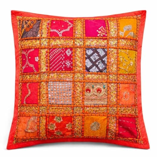 Image of Original Kikan Cushion Covers 16"x16" Indian Heavy Embroidery Sari Patchwork Square zip 40cm (ORANGE)