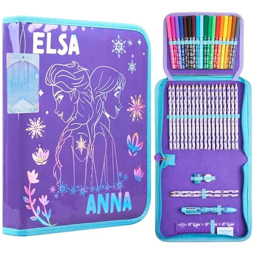 Image of Disney Stitch Pencil Case for Girls Filled with School Supplies, Large Capacity Frozen Colouring Stationery Set for Kids Tweens, Gifts for Girls (Purple Frozen 1 Compartment)