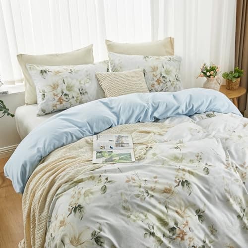 Image of Qucover King Size Duvet Cover Sets, 3-Piece Soft Microfibre White Blue Duvet Cover 220x240 cm with 2 Pillowcases, Rustic Style Floral Printed King Size Bedding Set with Zipper closure and Corner Ties