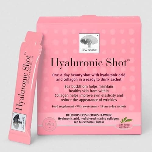 Image of New Nordic Hyaluronic Shot with Marine Collagen Supplement to Improve Skin Elasticity & Reduce Wrinkles, Ready to Drink, Citrus Flavour, 15 Sachets