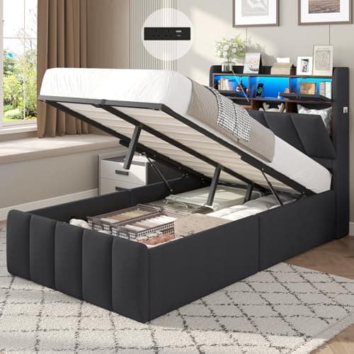 Image of DICTAC 3ft Single Ottoman Storage Bed with LED Lights, USB Charging & Wooden Slats – 90x190 cm Hydraulic Lift Up Bed Frame with Storage Headboard – Upholstered Single Storage Bed for Small Bedrooms