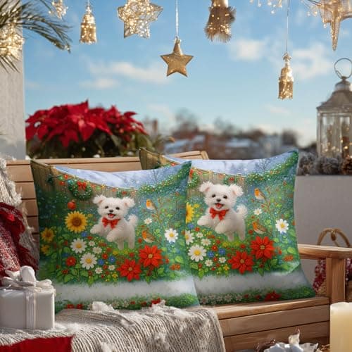 Image of HOMETITUTE 18x18 Inch Set of 2 Christmas Dog Throw Pillow Covers Soft Decorative White Puppy Cushion Covers Holiday Winter Christmas Pillow Cases Farmhouse Garden Decor for Sofa Couch Bed Living Room