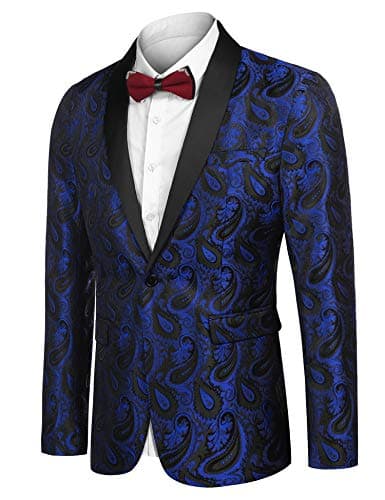 Image of COOFANDY Mens Paisley Suit Lapel Jackets Tuxedo One Button Dinner Jacket Smart Blazer Retro Slim Fit Coat Party Blue L